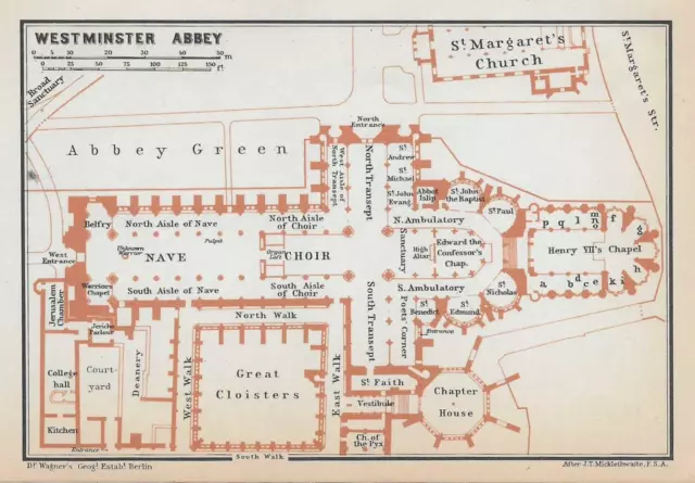 Antique Map of London of Westminster Abbey Plan Great Britain