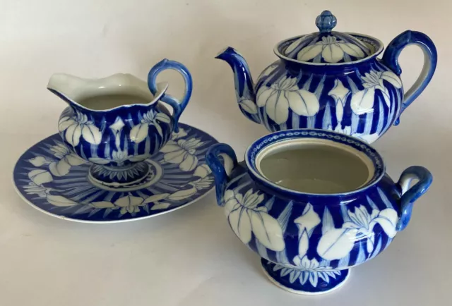 1930’s Hand Painted Chinese Export Art Pottery Blue/White Iris Teapot Set