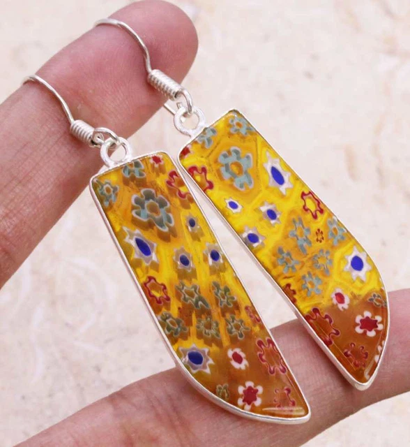 Dichroic Glass 925 Silver Plated Handmade Earrings of 2" Ethnic Gift