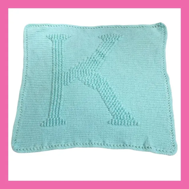 ❤️Handmade Baby Nursery Crochet Initial “K” Aqua Teal Crib Blanket Throw 32x32❤️