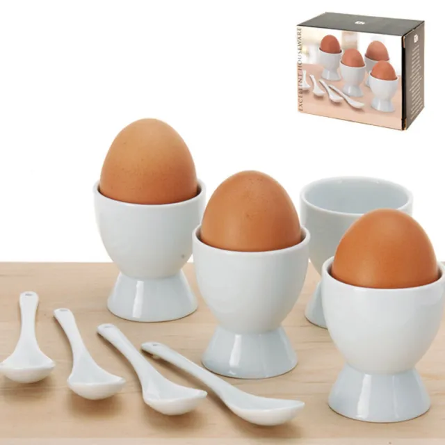8-teiliges Keramik-Eierbecher-Set mit Eierlöffel Frühstücksei Ei Becher weiß