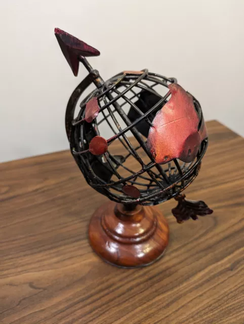 Vintage World Explorer Rustic Metal Globe with Compass Rose Arrow on Wooden Base