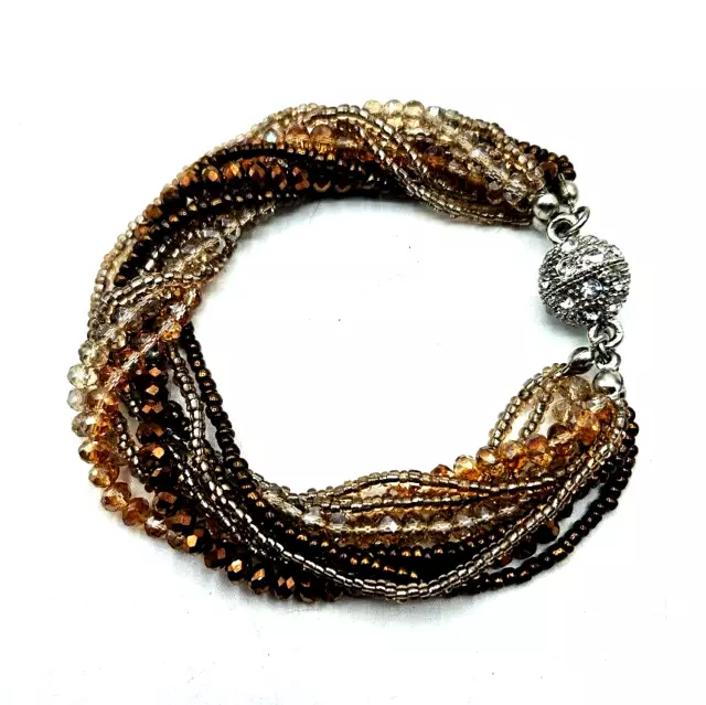 Sparkly Seed Beaded Bracelet Earthtone Elegant Twist Magnetic Multi Strand 8.25"