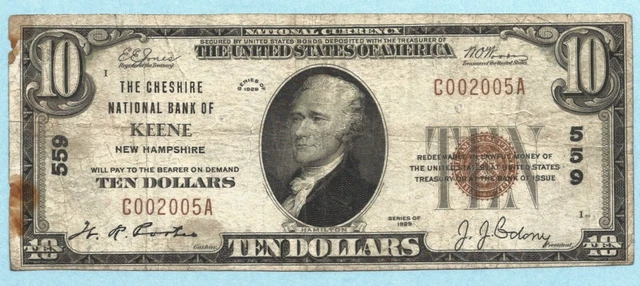$10 National Currency 1929 - Type 1 - Ch#559 - Cheshire NB, Keene, NH - F+