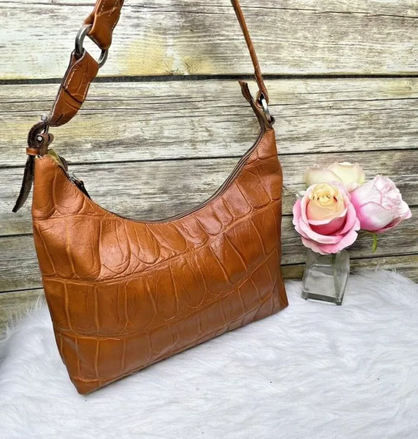 Francesco Biasia Tan Brown Croc Embossed Genuine Leather Purse Shoulder Bag Tote