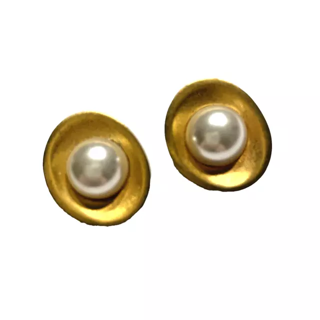 Vintage Clip On Earrings Luminous Goldtone & Faux Pearl Beads Elegant Luxury