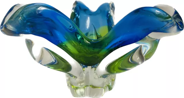 Vintage Chribska Art Glass Bowl Josef Hospodka Blue Green Sommerso Czech 1999