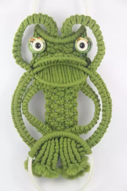 Vintage Mid Century Avocado Green Macrame Frog Towel & Soap Holder Wall Hanging