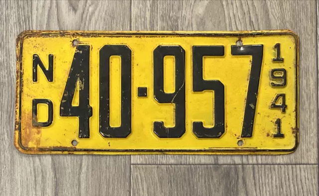 North Dakota License Plate 1941 #40-957 ND ‘41 Yellow