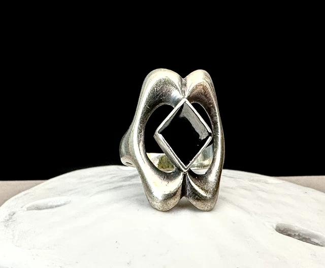Old Mexico Sterling Silver 925 Onyx Southwest Modern MCM Ring Taxco Size 8