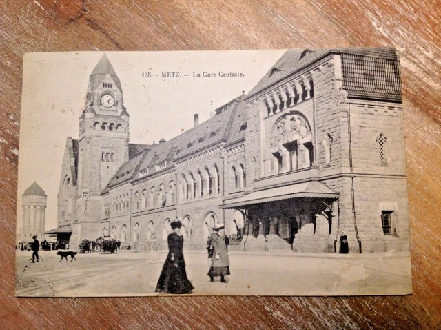Lot 2 CPA 57 METZ la POSTE CENTRALE + la GARE CENTRALE animée 1926 AK Postcard 2