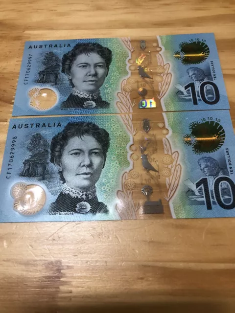 AUSTRALIA $10 2017 2Consecutive Banknotes CF 170629997-998