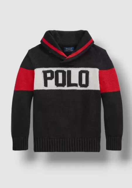 $95 Polo Ralph Lauren Kids Boys Black Logo Cotton Shawl-Collar Sweater Size 6