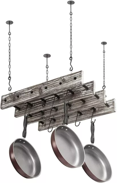 8-Hook Ceiling Mounted Pipe & Torched Wood Hanging Pots and Pan Rack