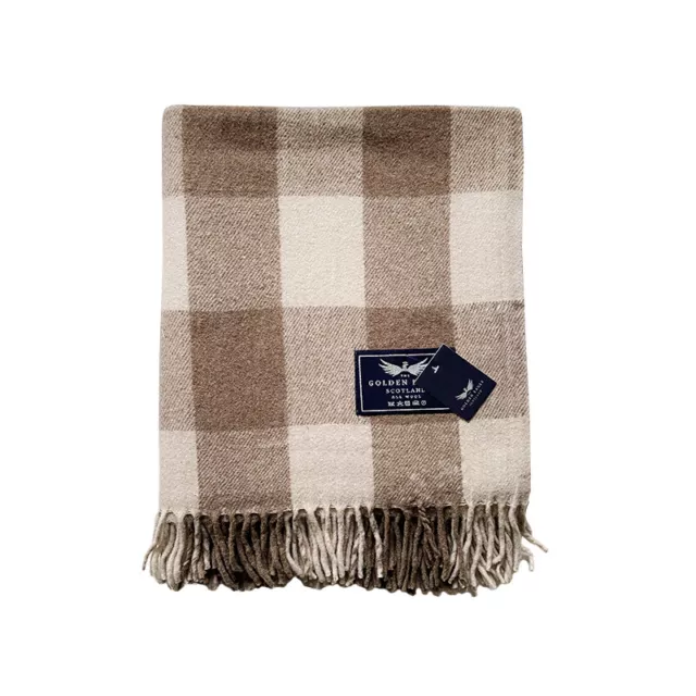 New Golden Scottish Tweed Wool  Rug Blanket Cream Brown Tartan Check Jacob Print