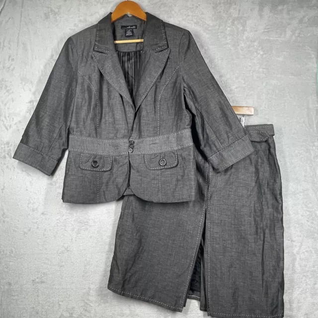 Willie Smith Womens Skirt Suit 14 Linen Blend Gray Peplum Jacket Professional