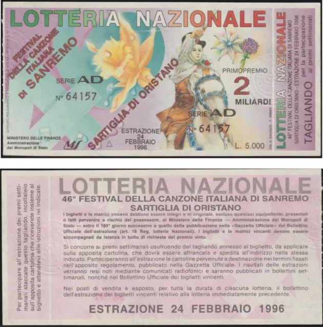 Italia Biglietto Lotteria Di Sanremo - Sartiglia 1996 + Tagliando "Perfetto"