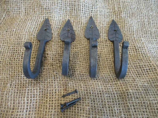 Antique Metal Wall Hooks Leaf Long Hand Forged Coat Hat Towel Hanging