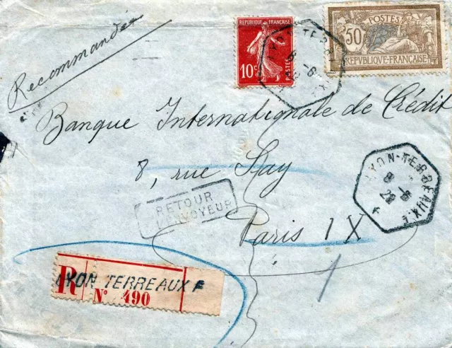 FRANKREICH RECO 1920, - Reco-Brief (R Nr490) von LYON nach PARIS und Retour, ...