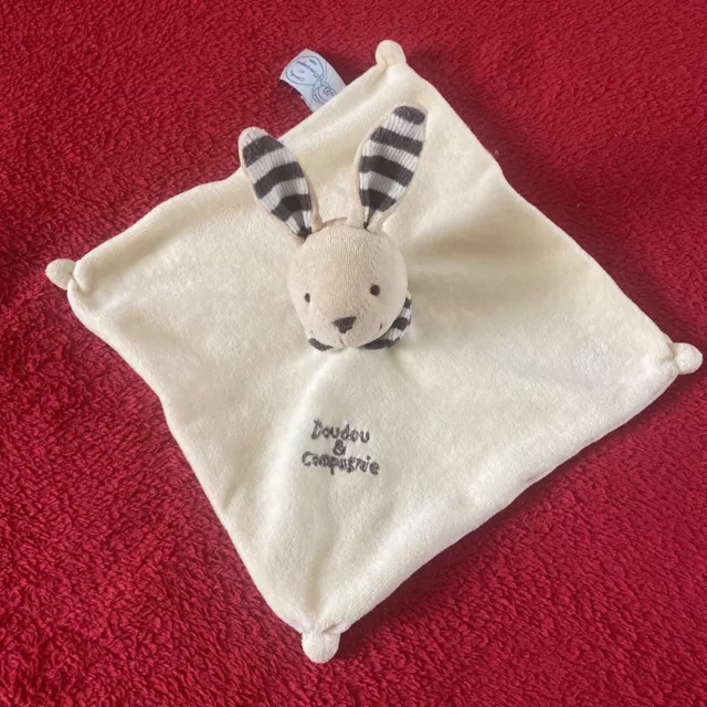 🇫🇷 Doudou Plat Lapin Beige Marron Colerette Rayée DOUDOU ET COMMAGNIE