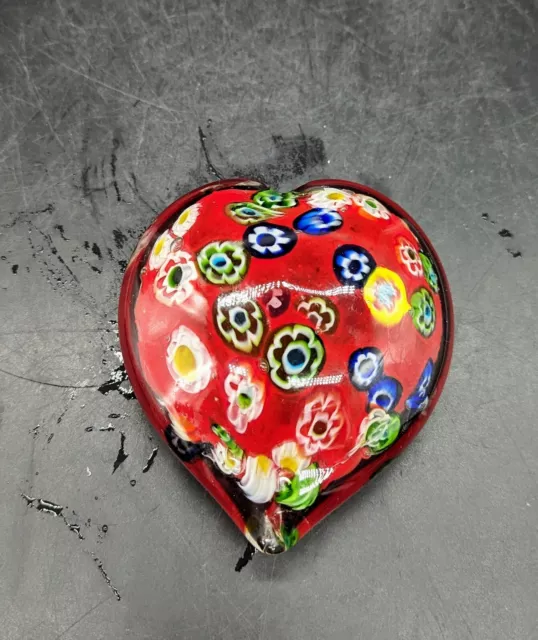 Vintage Hand Blown Art Glass Millifiori Heart Red 4" Paperweight