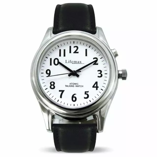 Ladies Radio Controlled Talking Watch with Black Leather Strap