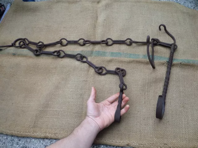 Antique Chimney Chain Hearth Fireplace Cooking Trammel Hook Twisted Iron