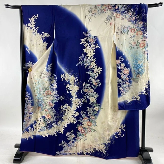 Japanese Kimono Furisode Pure Silk Flower Peafowl Gold Thread Deep Blue