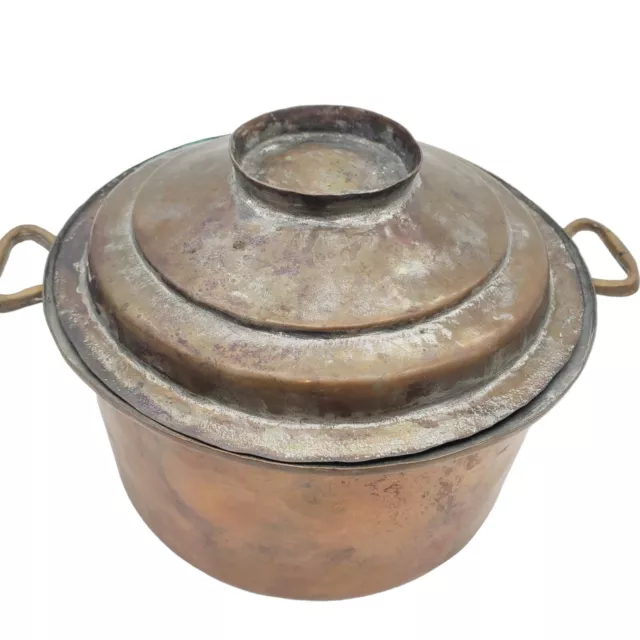 Antique Large French Tinned Copper Stew Pot w/ Hammered Dutch Lid Brass Handles 3