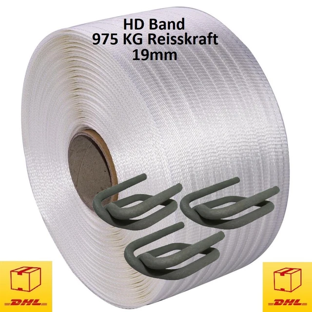 VEMATEC Umreifungsband HD 2x Textil-Umreifungsband HD 19 Mm – Je 400m, 975 Kg Reißfestigkeit, Für Umreifungsgeräte Stahl Umreifungsband