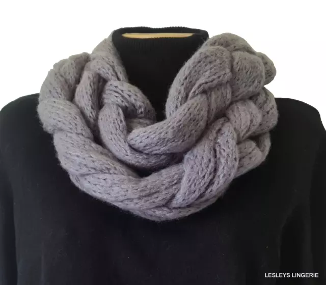 Mens Womens Grey Knitted Infinity Scarf Cowl Snood Circle Plaited Loop Gift