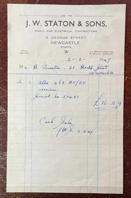 1947 J. W. Staton & Sons, Electrical Contractors, 4 George St, Newcastle Invoice