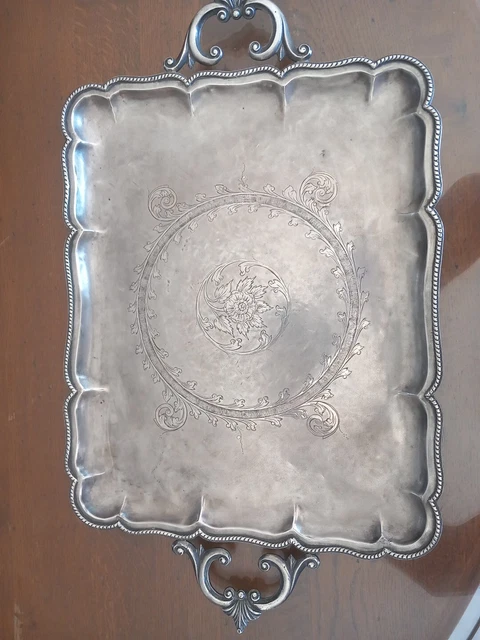 Grand Plateau Majordome Ancien - Plaqué Argent Gravé - Style Victorien Américain 1900-1940