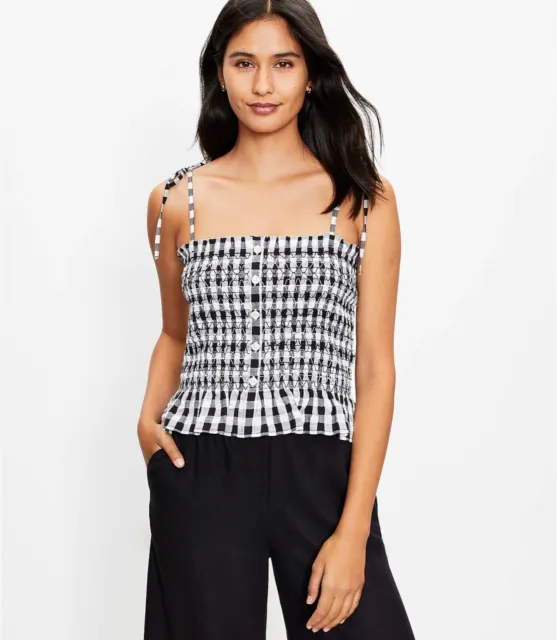 NWT Loft Black White Tie Strap Gingham Checkered Smocked Button Peplum Cami XL