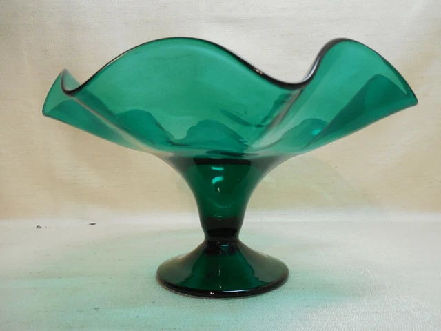 Vintage Cambridge Glass Aqua/Green Ruffled Edge Stemmed Serving Bowl/Comport
