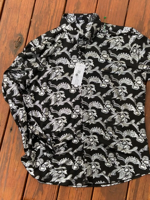 Coofandy Silver Foil & Black Paisley Long Sleeve Button Down Dress Shirt L NWT