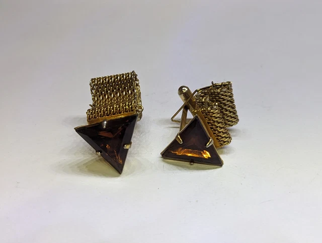 Vintage Triangle Citrine Cufflinks Mesh Wrap Prong Set Gold Tone Amber