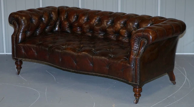 Victorian Serpentine Hand Dyed Restored Whisky Brown Leather Chesterfield Sofa 3