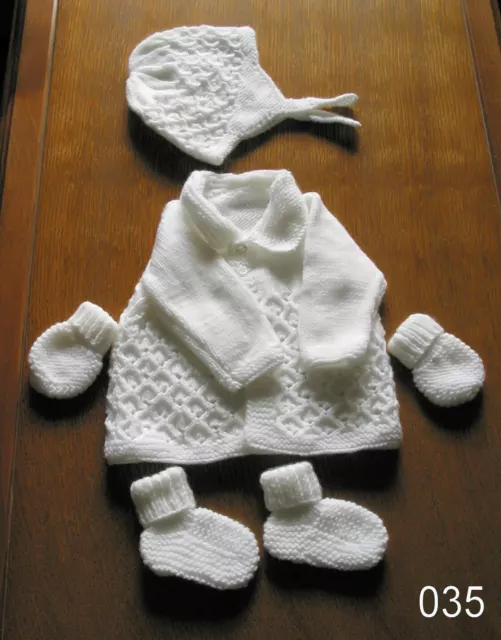 baby white matinee set new 0 to 3 months hand knitted coat hat booties mitts