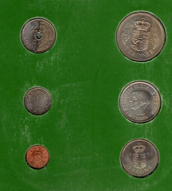 Coin Sets of All Nations Denmark 1986 UNC 1, 5, 10 Kroner 25, 10, 5 Ore 3