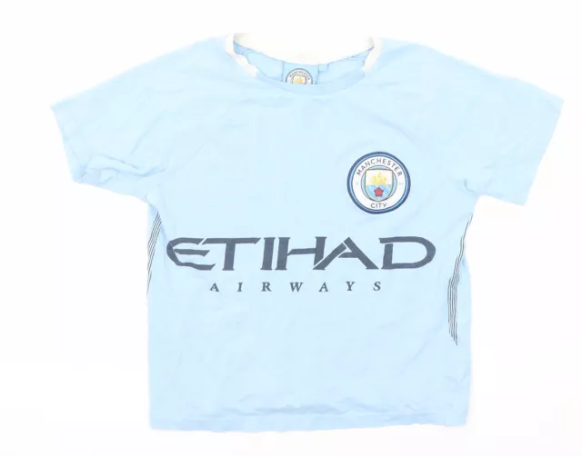 Camiseta Manchester City FC Niños Azul Algodón Básico Talla 8-9 Años Cuello Redondo Tirón