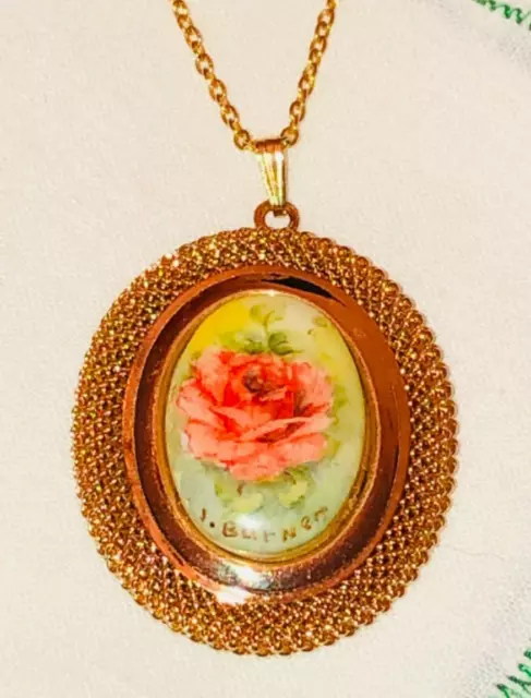 Hand Painted  Orange Rose Porcelain Gold Lattice Pendant Vtg Artist J. Burnett