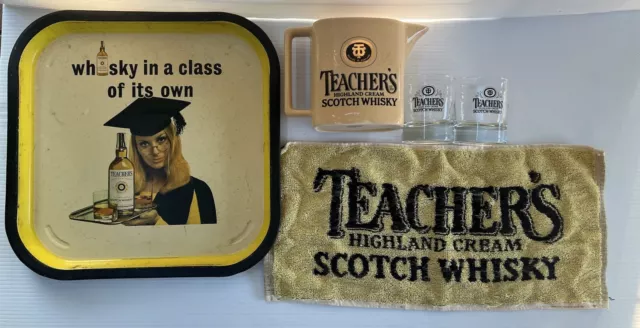 Teachers Highland Scotch Whiskey Pack Seton Drink Tray Jug Glasses Bar Mat