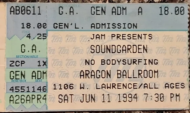 1994 Soundgarden Tad Aragon Ballroom Chicago IL 6-11 Concert Ticket Stub NICE!!!