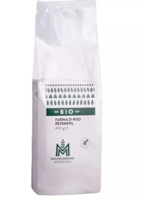 Farina di Riso Bio senza glutine 400 gr Molino Merano, infarinatura fritti, bis