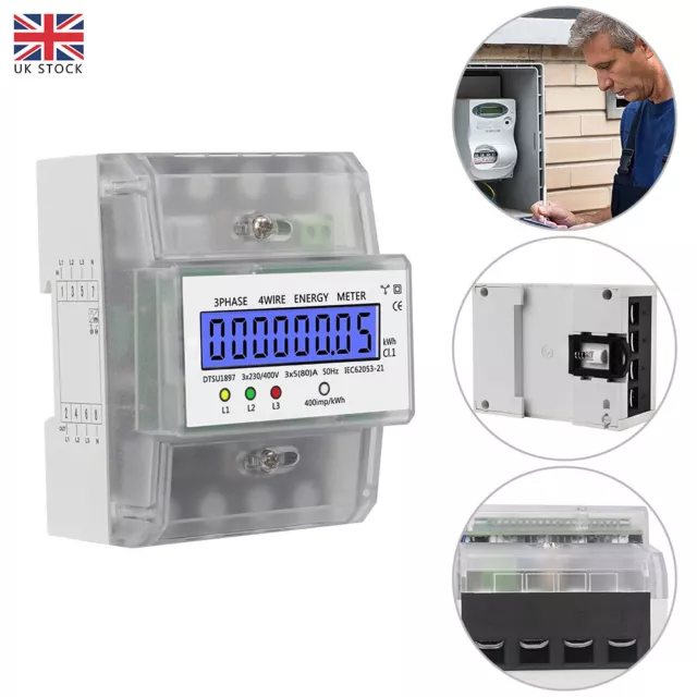 3 Phase 4Wire LCD Digital Electric Energy Meter for DIN Rail 3x230/400V 5-80A UK