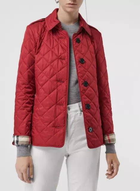 $960 Nwt Burberry Frankby Parade Red Quilted Check Cuff Short Coat Jacket L