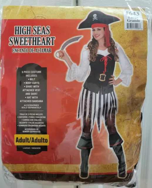 Adult Woman HIGH SEAS SWEETHEART Pirate COSTUME L 10-12 NEW 5pcs TOP/VEST/SKIRT+