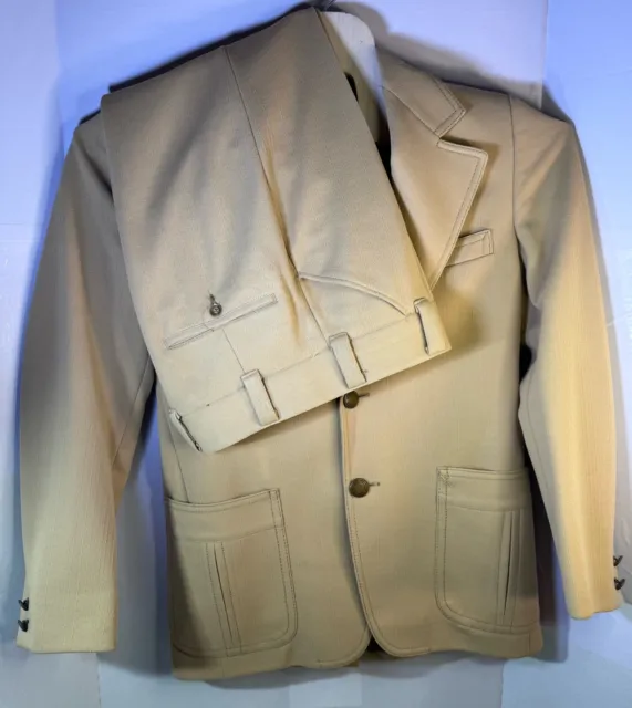 Vintage 1970s Suit Beige Polyester Mens 70s 2 Piece Western Inspired 37R