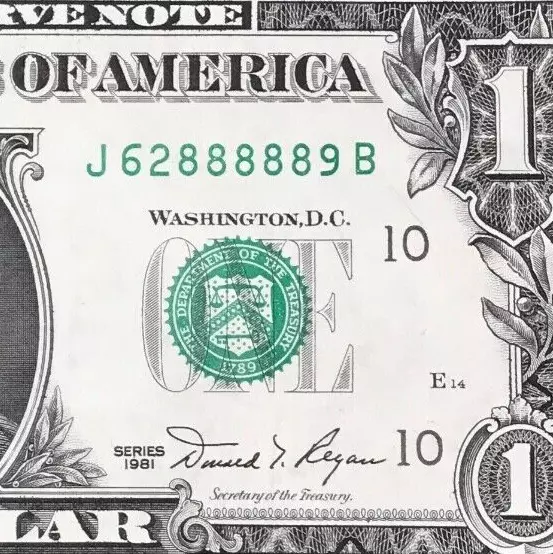 J 62888889 B : Five 8 's in a Row $1 One Dollar Bill